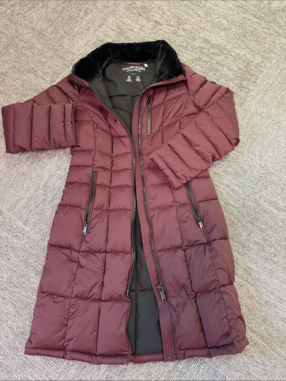 Calvin Klein Women's Long Quilted Puffer Coat in Burgundy with Faux Fur Collar